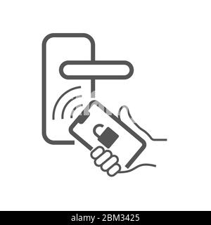 Verrouillage intelligent numérique de la porte qui s'ouvre avec le smartphone. Smartphone à main pour ouvrir la porte. Icône de vecteur de ligne. SPE 10. Illustration de Vecteur