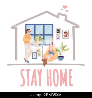 Modèle de bannière rester à la maison. Les jeunes femmes dans des vêtements confortables passent du temps ensemble à la maison pendant la quarantaine et l'auto-isolement vecteur illustration plate. Arrêter le concept de carte Covid-19 du coronavirus. Illustration de Vecteur