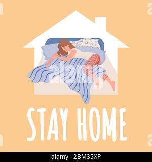 Modèle de carte vectorielle rester à la maison. Jeune femme dans des vêtements confortables couché sur le mauvais et dormir à plat illustration. Mise en quarantaine, auto-isolation et arrêt du coronavirus Covid-19 bannière conception. Illustration de Vecteur