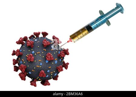 Coronavirus ou cellule du virus covid avec une seringue ou une aiguille contenant un médicament, isolée sur un fond blanc. Vaccin contre l'infection virale Banque D'Images