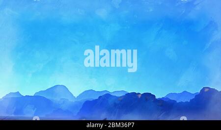 Magnifique coucher de soleil avec montagnes et ciel bleu peint Banque D'Images