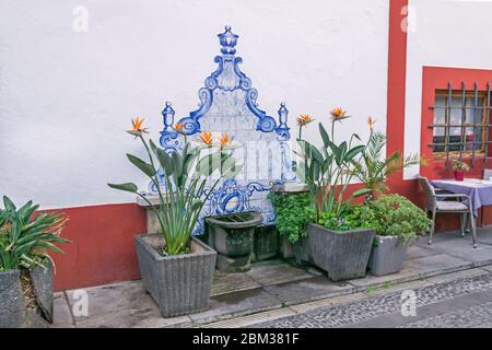 Funchal, Portugal - 10 novembre 2019 : fontaine à boire décorée de Strelitzia et d'Azulejo une forme de tilewo en céramique peinte en étain portugais Banque D'Images
