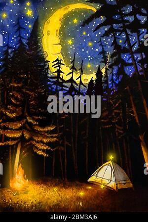 Aquarelle Camping nuit Illustration,Lune, étoiles, arbre, feu, dessin. Peinture dessinée à la main. Banque D'Images