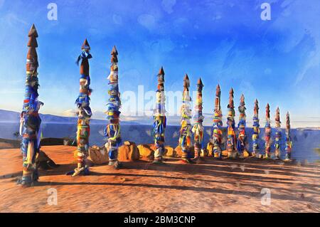 Totem pôles sur le rivage du lac Baikal peinture colorée ressemble à l'image, Russie Banque D'Images