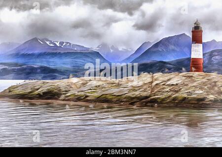 Magnifique paysage avec balise et montagnes sur fond peinture colorée ressemble à l'image, Parc national de Tierra del Fuego, Argentine Banque D'Images