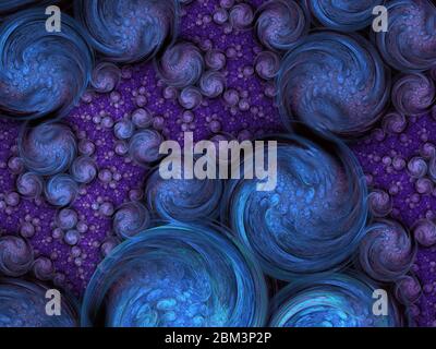 Des bulles texturées en violet et en bleu abstraites sur fond noir. Design fractal fantaisie. Art numérique psychédélique rendu 3D. Ordinateur numérique fractal Banque D'Images