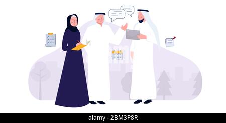 Homme d'affaires arabe négociant avec ses collègues sur les affaires au Moyen-Orient et son secrétaire note dans un cahier. Concept de travail d'équipe d'entreprise Illustration de Vecteur