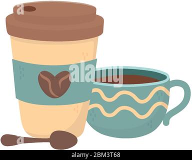 illustration du vecteur de temps de café, tasses à emporter, cuillère à café, boisson fraîche Illustration de Vecteur