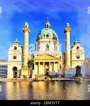 Vue de l'église Saint-Charles peinture colorée ressemble à l'image, Vienne, Autriche Banque D'Images