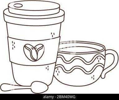 temps du café, tasses à emporter cuillère à café boisson fraîche vecteur illustration design linéaire Illustration de Vecteur
