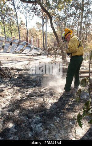 Bastrop Comté Texas Etats-Unis, 9 septembre 2011: Pompier portant un casque dur recherche des points chauds en face de l'effondrement du bâtiment en métal dans un quartier rural près de Bastrop. La zone fortement boisée a été durement touchée par un feu de forêt qui a traversé les bois de piney quelques jours plus tôt. ©Marjorie Kamys Cotera/Daemmrich Photographie Banque D'Images