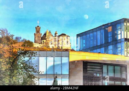 Vue sur Calton Hill depuis Princes Street. La peinture colorée ressemble à une photo, Edimbourg, Écosse, Royaume-Uni Banque D'Images