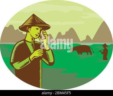 Illustration de style rétro de coupe de bois d'agriculteur vietnamien portant chapeau conique parlant sur mobile, téléphone cellulaire ou téléphone cellulaire avec rizières de montagne et de riz Illustration de Vecteur