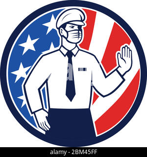 Icône style rétro illustration d'un agent d'immigration américain portant un masque de mise main pour arrêter l'entrée en cercle avec les étoiles USA et str Illustration de Vecteur