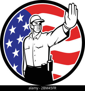 Illustration de style rétro emblématique d'un officier de la patrouille de sécurité frontalière américaine portant un masque de mise en main pour arrêter l'entrée en cercle avec USA St Illustration de Vecteur