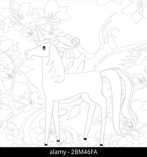 UNICORN . Sommeil de la tête de cheval. Livre coloré. Autocollant noir et blanc, icône isolée. Mignon magie dessin fantaisie animal. Symbole rêve. Design pour les enfants Banque D'Images