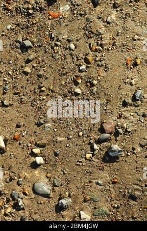 Petites pierres et sable. La texture naturelle du sol. Rive d'un réservoir avec une plage et des galets. Banque D'Images
