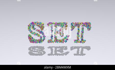 Écriture 3D colorée de TEXTE FIXE avec de petits objets sur un fond blanc et une ombre correspondante Banque D'Images