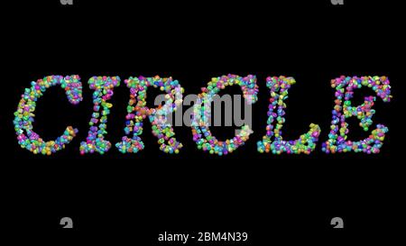 Écriture 3D colorée de TEXTE CIRCULAIRE avec de petits objets sur un fond sombre et une ombre correspondante Banque D'Images