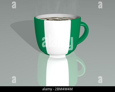 Illustration 3D du NIGERIA placée sur une tasse de café chaud avec une perspective réaliste et des ombres miroirs sur le sol Banque D'Images
