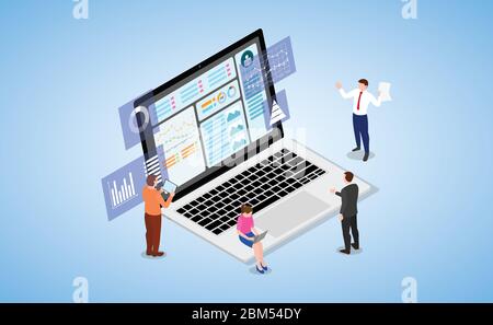 concept de visualisation des données avec analyse graphique et graphique avec équipe et vecteur moderne de style plat isométrique Banque D'Images