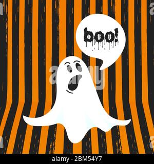 Boo fantôme halloween message concept. Volant halloween drôle de caractère fantôme sinistre dire BOO avec espace de texte dans l'illustration de vecteur de bulle de parole est Illustration de Vecteur