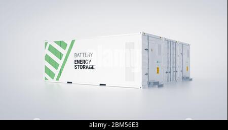 Concept d'unité de stockage d'énergie - plusieurs conteneurs conectés avec batteries. rendu 3d. Banque D'Images