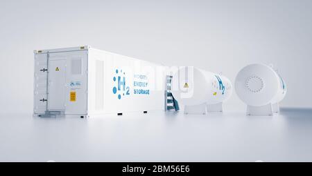 Stockage d'énergie renouvelable - hydrogène gaz pour installations d'électricité propre situé sur fond blanc. rendu 3d. Banque D'Images