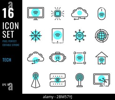 Ensemble d'icônes de ligne de technologie liées à l'électronique. Contour modifiable. Pixel parfait. Illustration vectorielle Illustration de Vecteur