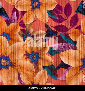 Motif fleuri sans couture avec feuilles orange et bleu Banque D'Images