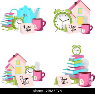 Illustration vectorielle sur le thème du travail à distance et du bureau à domicile. Une pile de livres et une tasse de thé. Travailler à domicile. Freelance... Illustration de Vecteur