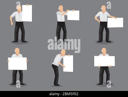 Jeu de six illustrations vectorielles de personnage d'homme ancien portant un écriteau vierge avec espace de copie isolé sur fond gris. Illustration de Vecteur