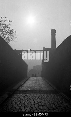 Bristol dans les années soixante : une journée de brouillard en novembre 1968. Vue sur les anciennes installations de gaz à Canons Marsh, près des Docks de Bristol et de leur port flottant. Les quais sont restés en action à l'aide de grues électriques construites à Bath dans les années 60 jusqu'à la dernière cargaison régulière en 1974. Banque D'Images