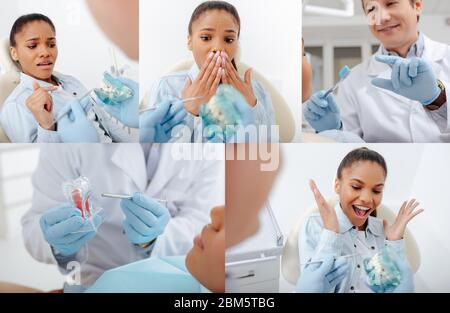 collage de dentiste tenant le modèle de dents près de l'affectif afro-américaine femme dans les bretelles Banque D'Images