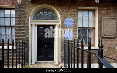 Plaque bleue sur l'ancienne maison de Francisco le Miranda et Andres Bello à Bloomsbury, Londres. Banque D'Images