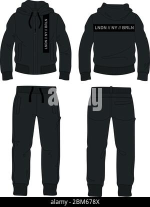 homme ensemble costume fermeture à glissière veste sweat à capuche jogging pantalon noir modèle londres Illustration de Vecteur