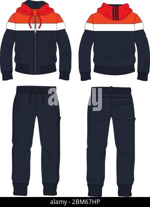 homme ensemble costume fermeture à glissière veste sweat à capuche jogging pantalon rouge haut modèle Illustration de Vecteur