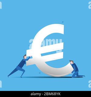 Illustration d'une monnaie en chute libre et deux hommes qui tentent de la stabiliser. La dévaluation du dollar euro signe pendant la récession. Illustration de Vecteur