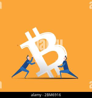 Illustration d'une monnaie en chute libre et deux hommes qui tentent de la stabiliser. Icône noir Bitcoin. Signe de devise numérique, blockchain basé Internet mone. Illustration de Vecteur