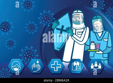 Équipe de médecins et d'infirmières multiraciales avec masque et protecteur, devant le dessin du coronavirus. Illustration vectorielle en style 2D plat. Illustration de Vecteur