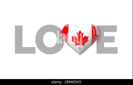 Drapeau en forme de coeur d'amour Canada avec mot d'amour. Rendu 3D Banque D'Images