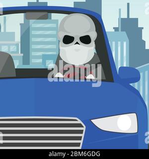 Voiture de conduite squelette mâle avec masque gants blancs tenant le volant dans la voiture bleue avec la ville en arrière-plan. Illustration de Vecteur