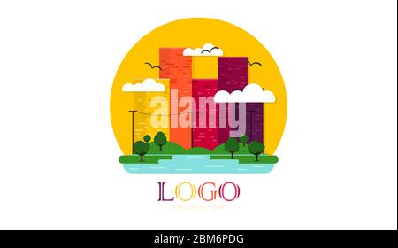 Vecteur du logo de la ville. Gratte-ciel ou immeubles d'appartements, dans le centre-ville avec des arbres, des nuages et des oiseaux volants, des poteaux électriques. Illustration de Vecteur