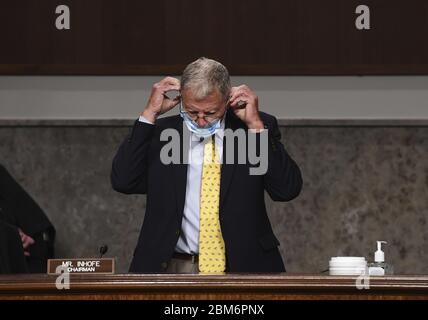 Washington, États-Unis. 07th Mai 2020. Le président du Sénat, le sénateur James Inhofe, R-Okla, lors d'une audience des services armés au Sénat à Capitol Hill, Washington, DC, le jeudi 7 mai 2020. Kenneth Braithwaite, nommé secrétaire de la Marine; James Anderson, nommé sous-secrétaire adjoint à la Défense pour les politiques; et le général Charles Q. Brown, Jr., nommé pour renouvellement de mandat comme chef d'état-major de l'US Air Force, témoignent. Photo de Kevin Dietsch/UPI crédit: UPI/Alay Live News Banque D'Images