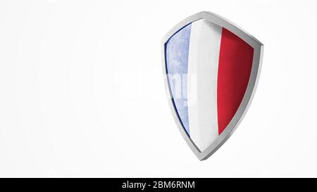 Protection et protection. Armure en acier brillant peinte comme drapeau national français. Icône de badge de sécurité. Bannière de confidentialité. Étiquette de sécurité Banque D'Images