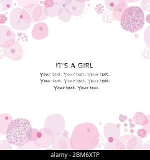 Arrière-plan abstrait de douche de bébé. C'est une fille. Carte de voeux pour douche de bébé avec carré, étoiles, coeurs et roses. Premier anniversaire de bébé Illustration de Vecteur