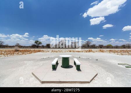 Table de pique-nique en béton et bancs placés à côté d'un arbre pour l'ombre, généralement placés tous les 10 à 20kms le long des routes en Namibie. Route C38 vers Etosha. Banque D'Images