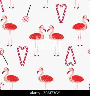 Flamingos rouges avec bonbons. Joyeux Noël joyeux Noël avec motif sans couture Illustration de Vecteur