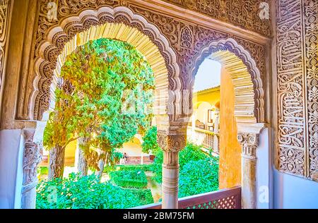 GRENADE, ESPAGNE - 25 SEPTEMBRE 2019 : le complexe de fenêtres voûtées sculptées dans le palais des Lions (palais Nasrid, Alhambra) ouvre la vue sur le vert luxuriant Daraxa Banque D'Images