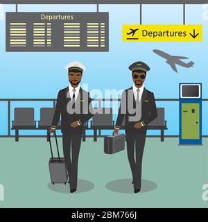 Un pilote et co-pilote afro-américain marche à l'aéroport avec des bagages, un panneau de départ, une illustration vectorielle Illustration de Vecteur